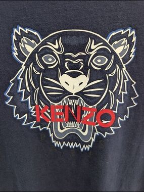 Kenzo Black Tee with Cream & Blue Tiger Graphic and Red Logo